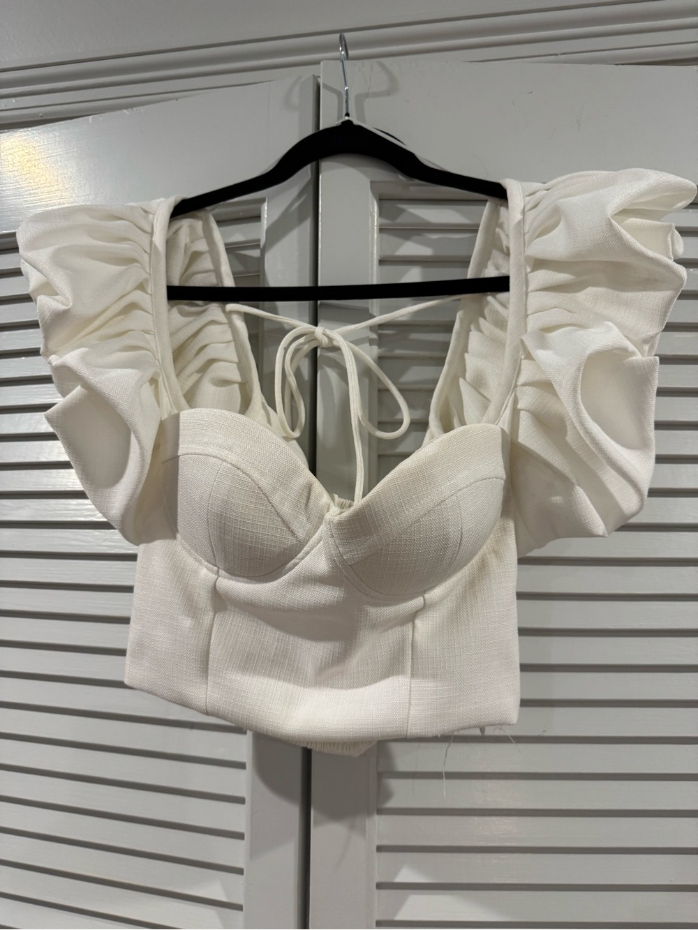 glam Ivory Ruffle-Sleeve Bustier Crop Top